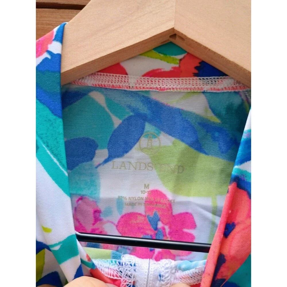 Lands' End Medium Multi Color Floral Rash gaurd Full Zip short sleeve Excellent